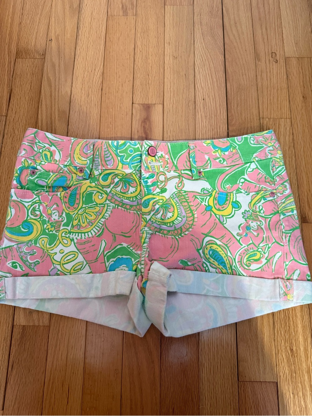 Lilly Pulitzer Pink, Green & Yellow Paisley Cuffed Denim Shorts